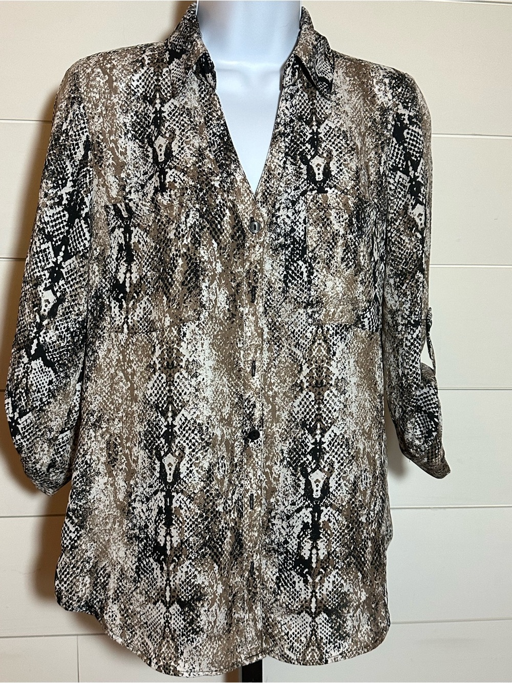Womens Taupe Snake Print Button-Front Blouse